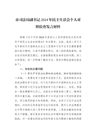市司法局副书记2024年民主生活会个人对照检查发言材料