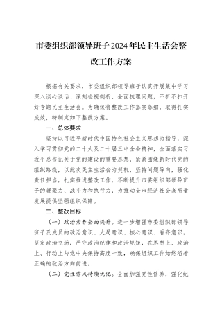 市委组织部领导班子2024年民主生活会整改工作方案