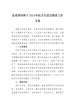 县委领导班子2024年民主生活会整改工作方案
