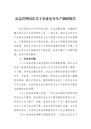 应急管理局长关于企业安全生产调研报告