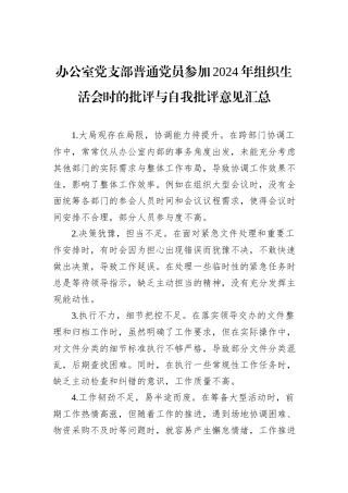 办公室党支部普通党员参加2024年组织生活会时的批评与自我批评意见汇总