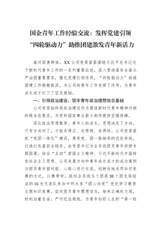 国企青年工作经验交流：发挥党建引领“四轮驱动力”助推团建激发青年新活力