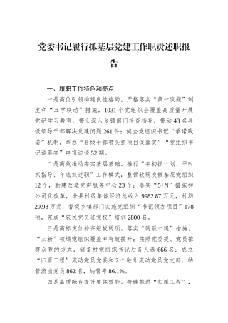 党委书记履行抓基层党建工作职责述职报告