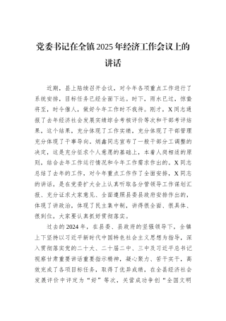 党委书记在全镇2025年经济工作会议上的讲话