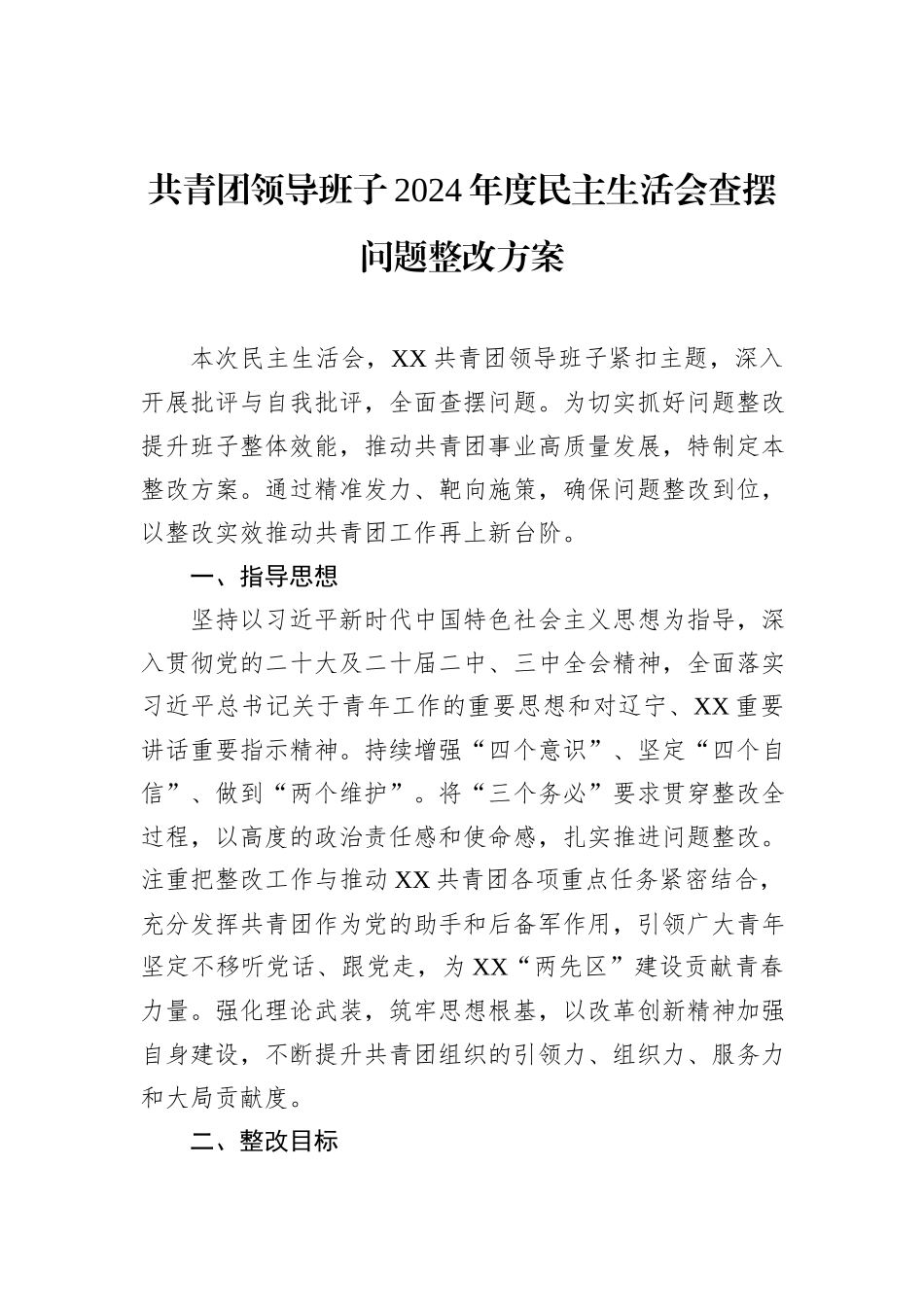 共青团领导班子2024年度民主生活会查摆问题整改方案_第1页