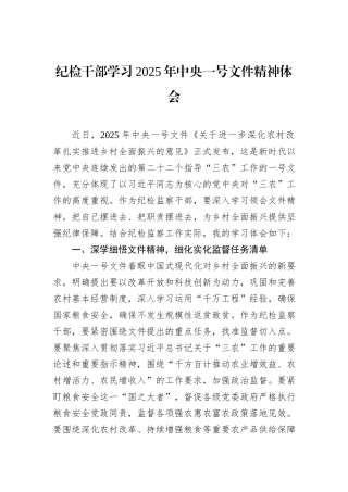纪检干部学习2025年中央一号文件精神体会