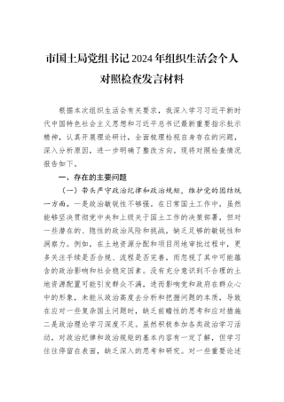 市国土局党组书记2024年组织生活会个人对照检查发言材料