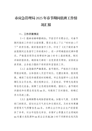 市应急管理局2025年春节期间值班工作情况汇报