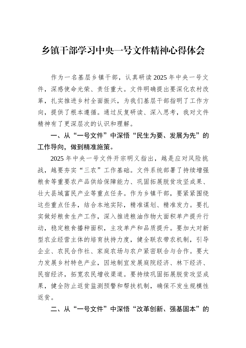 乡镇干部学习中央一号文件精神心得体会_第1页