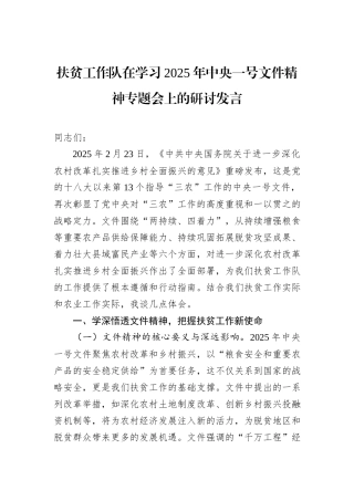 扶贫工作队在学习2025年中央一号文件精神专题会上的研讨发言