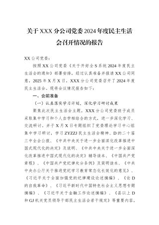 关于XXX分公司党委2024年度民主生活会召开情况的报告