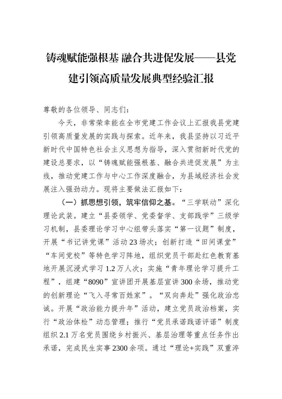铸魂赋能强根基+融合共进促发展——县党建引领高质量发展典型经验汇报_第1页