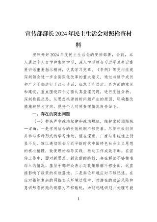 宣传部部长2024年民主生活会对照检查材料