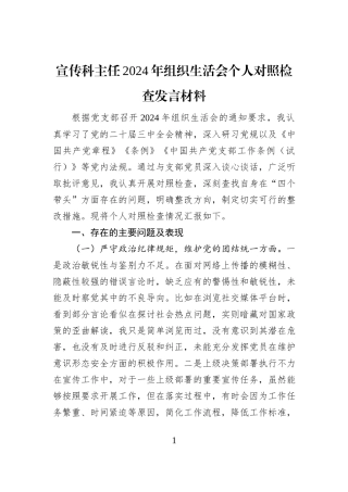 宣传科主任2024年组织生活会个人对照检查发言材料
