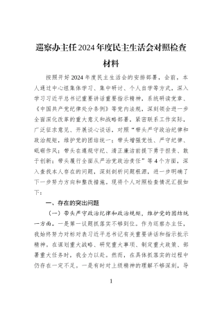 巡察办主任2024年度民主生活会对照检查材料