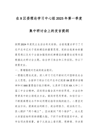 在X区委理论学习中心组2025年第一季度集中研讨会上的发言提纲