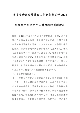 市委宣传部分管外宣工作副部长关于2024年度民主生活会个人对照检视剖析材料