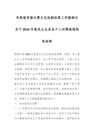 市委宣传部分管文化体制改革工作副部长关于2024年度民主生活会个人对照检视剖析材料