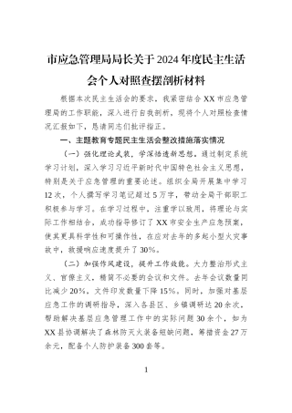 市应急管理局局长关于2024年度民主生活会个人对照查摆剖析材料