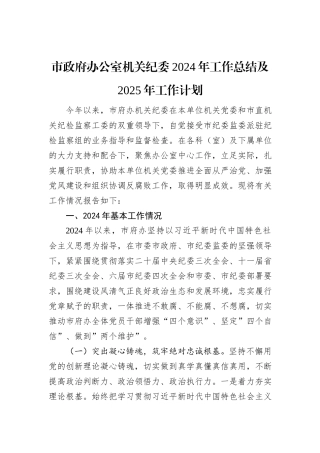 市政府办公室机关纪委2024年工作总结及2025年工作计划