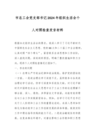 市总工会党支部书记2024年组织生活会个人对照检查发言材料