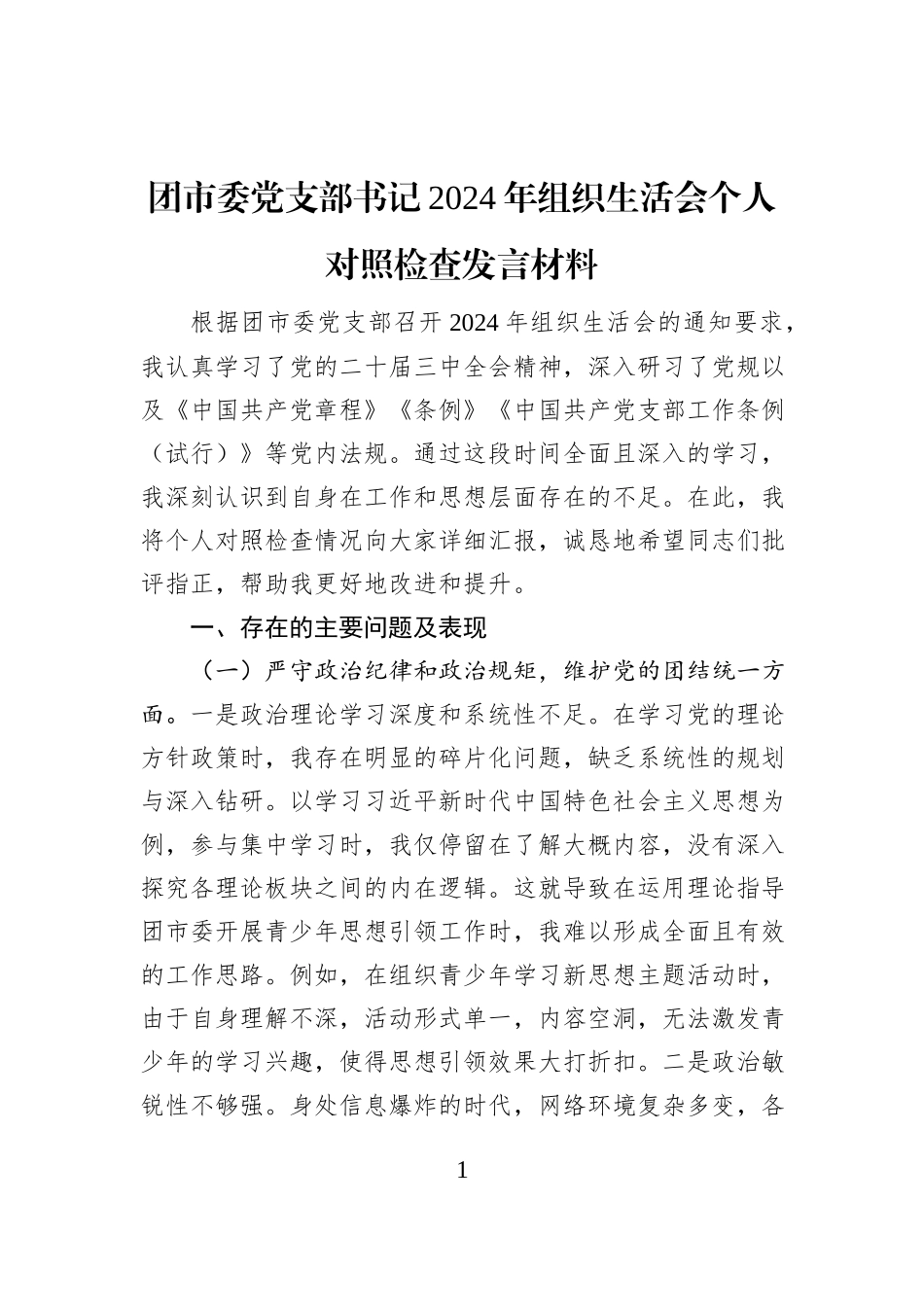团市委党支部书记2024年组织生活会个人对照检查发言材料_第1页
