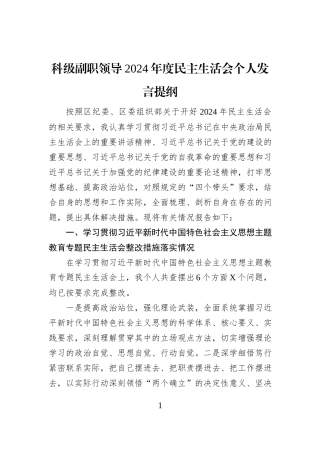 科级副职领导2024年度民主生活会个人发言提纲