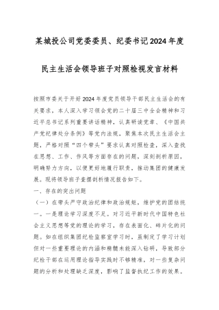 某城投公司党委委员、纪委书记2024年度民主生活会领导班子对照检视发言材料