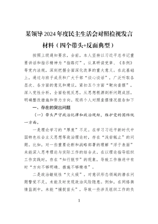 某领导2024年度民主生活会对照检视发言材料（四个带头+反面典型）