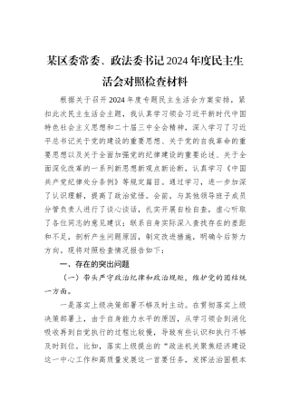 某区委常委、政法委书记2024年度民主生活会对照检查材料