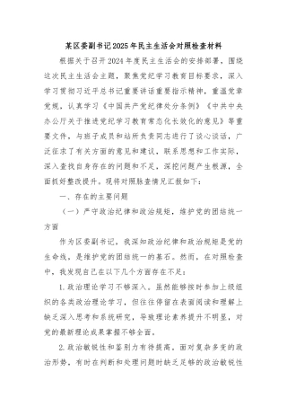 某区委副书记2025年民主生活会对照检查材料