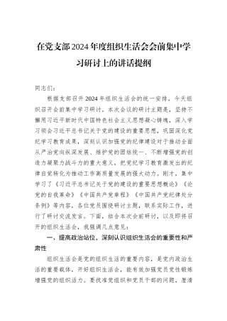 在党支部2024年度组织生活会会前集中学习研讨上的讲话提纲