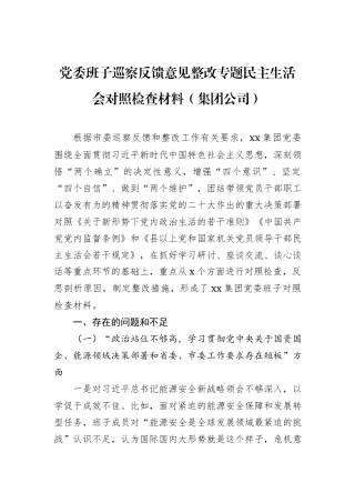 党委班子巡察反馈意见整改专题民主生活会对照检查材料（集团公司）