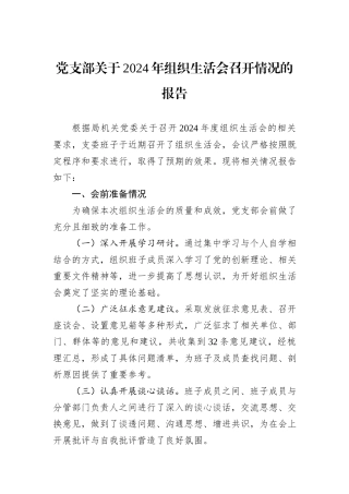 党支部关于2024年组织生活会召开情况的报告