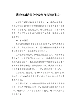 县民营制造业企业发展现状调研报告