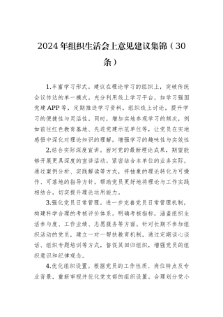 2024年组织生活会上意见建议集锦（30条）