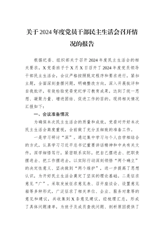 关于2024年度党员干部民主生活会召开情况的报告