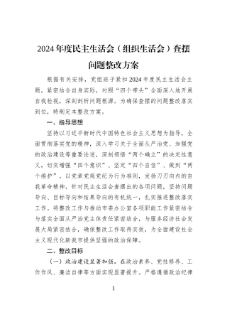 2024年度民主生活会（组织生活会）查摆问题整改方案