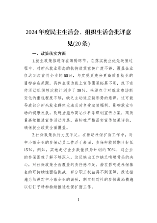 2024年度民主生活会、组织生活会批评意见(20条)