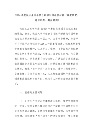 2024年度民主生活会班子副职对照检查材料（调查研究、意识形态、典型案例）