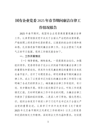 国有企业党委2025年春节期间廉洁自律工作情况报告
