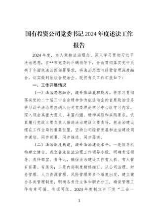 国有投资公司党委书记2024年度述法工作报告
