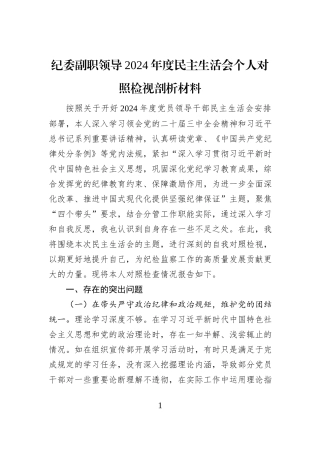 纪委副职领导2024年度民主生活会个人对照检视剖析材料
