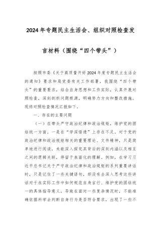 2024年专题民主生活会、组织对照检查发言材料（围绕“四个带头”）