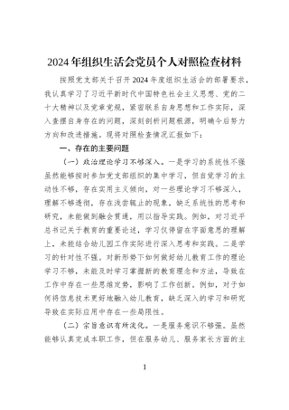 2024年组织生活会党员个人对照检查材料