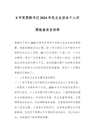 X市党委副书记2024年民主生活会个人对照检查发言材料