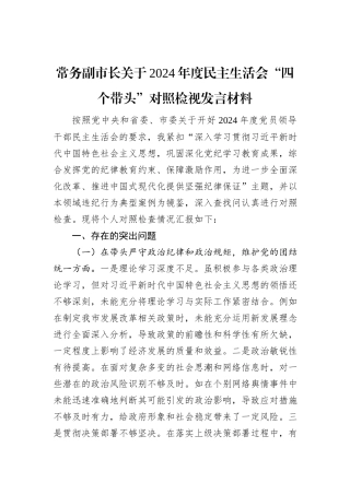 常务副市长关于2024年度民主生活会“四个带头”对照检视发言材料