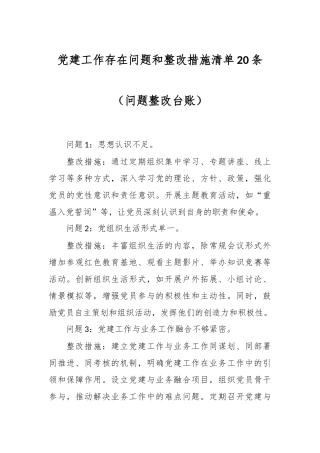 党建工作存在问题和整改措施清单20条（问题整改台账）