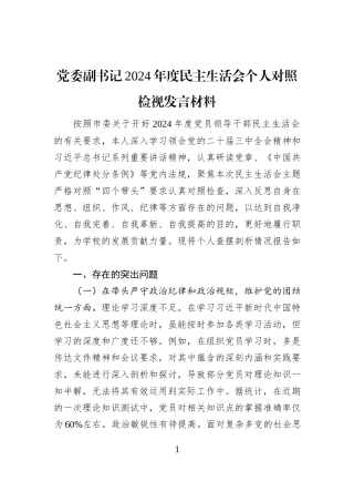 党委副书记2024年度民主生活会个人对照检视发言材料