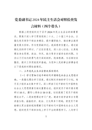 党委副书记2024年民主生活会对照检查发言材料（四个带头）
